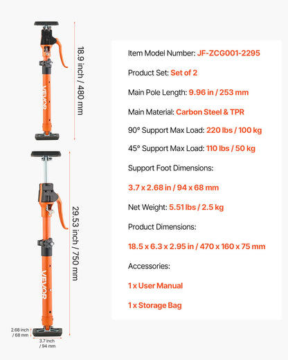 Cabinet Jack Support Pole, 2-Pack, 18.9-29.5 Inch Steel Telescopic Quick Support Rod, Adjustable 3rd Hand System up to 220 lbs Capacity for Installing Cabinets, Lifting Drywall, Cargo Bars