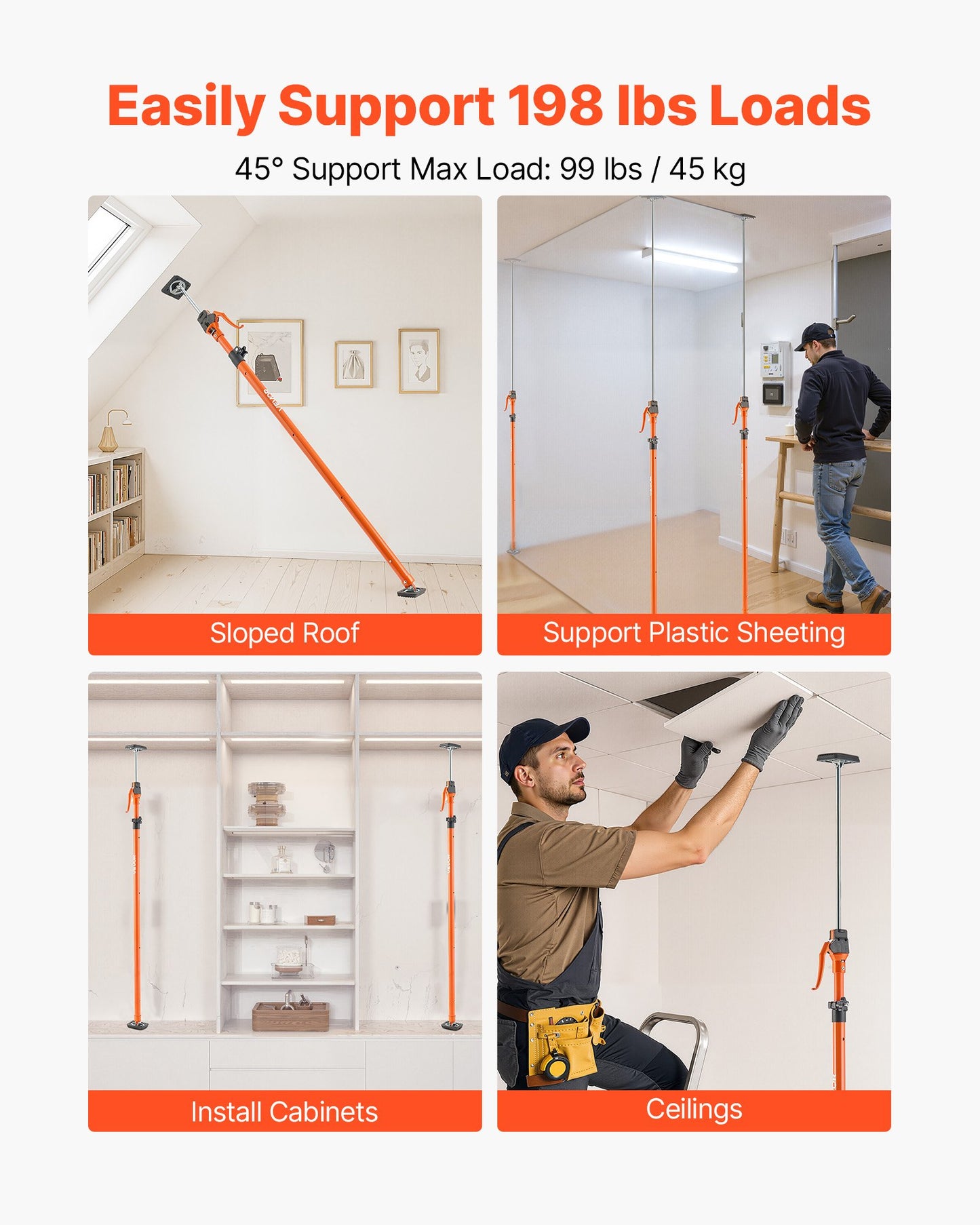 Cabinet Jack Support Pole, 2-Pack, 49.2-114.6 Inch Steel Telescopic Quick Support Rod, Adjustable 3rd Hand System up to 198 lbs Capacity for Installing Cabinets, Lifting Drywall, Cargo Bars