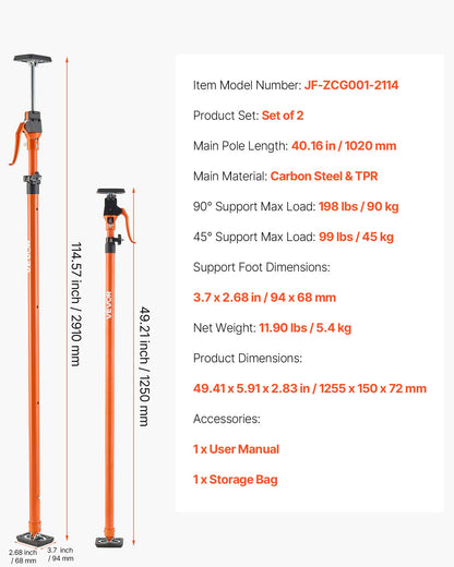 Cabinet Jack Support Pole, 2-Pack, 49.2-114.6 Inch Steel Telescopic Quick Support Rod, Adjustable 3rd Hand System up to 198 lbs Capacity for Installing Cabinets, Lifting Drywall, Cargo Bars