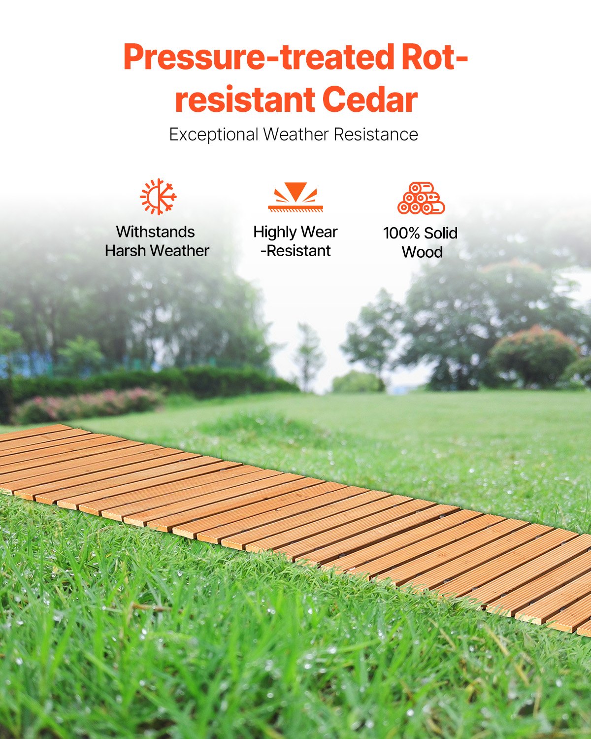 Wooden Garden Pathway, 24 ft L x 17 in W, Non-Slip Straight Garden Walkway, Roll Out Cedar Outdoor Walkway Path with Wire Rope Connection, Decorative Garden Paver for Backyard Wedding Party
