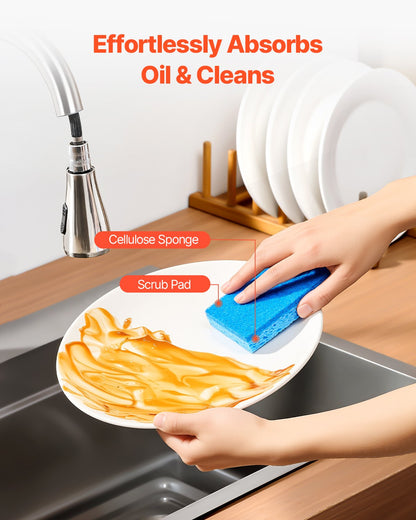 Sponges, 12 Pcs Durable Natural Kitchen Sponges with Cellulose & Scrub Pad, Easy-to-Rinse Cleaning Sponges with Honeycomb Structure & Quick Water Absorption, Fit for Home Cleaning