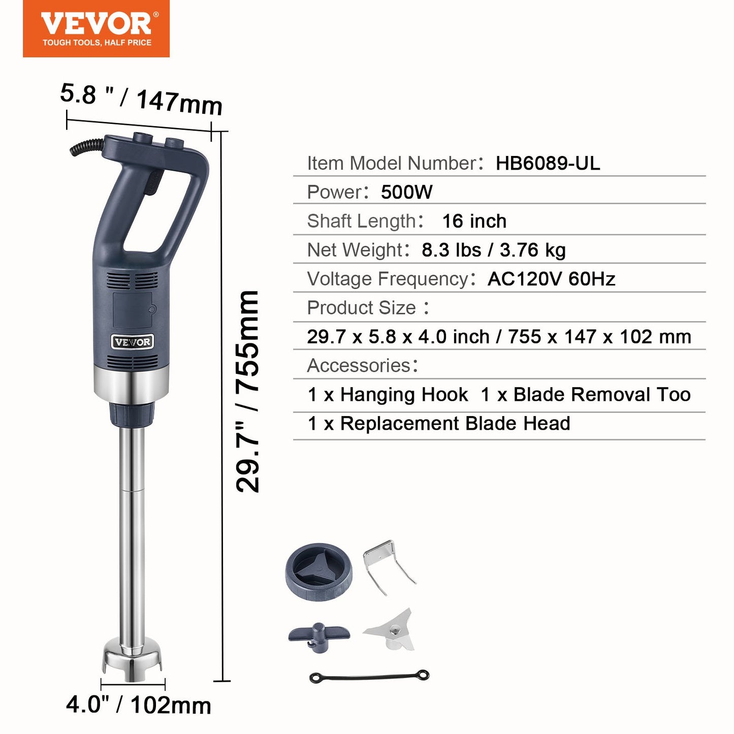 Commercial Immersion Blender 500W Heavy Duty Hand Blender for Soup Sauces