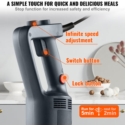 Commercial Immersion Blender, 500 Watt Heavy Duty Hand Mixer, Variable Speed Kitchen Stick Mixer with 304 Stainless Steel Blade, Multi-Purpose Portable Mixer for Soup, Smoothie, Puree, Baby Food