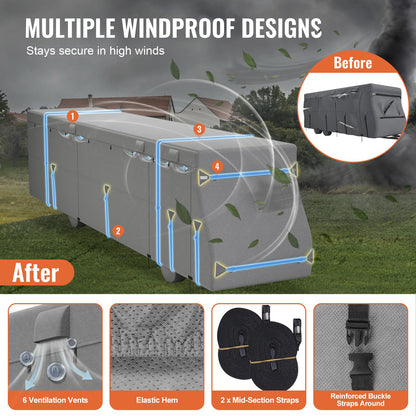 Class A RV Cover, 40-43 ft Motorhome Cover, Non-woven Fabric Motorhome RV Cover, Waterproof, Windproof and Rip-Stop, Camper Cover with Storage Bag, Repair Patches, Straps and Tire Covers