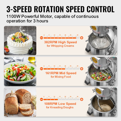 Commercial Food Mixer 18.7L 3-Speed Stand Dough Mixer 1100W for Restaurant