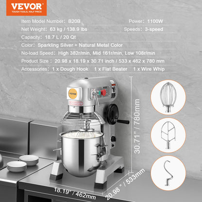 Commercial Food Mixer 18.7L 3-Speed Stand Dough Mixer 1100W for Restaurant