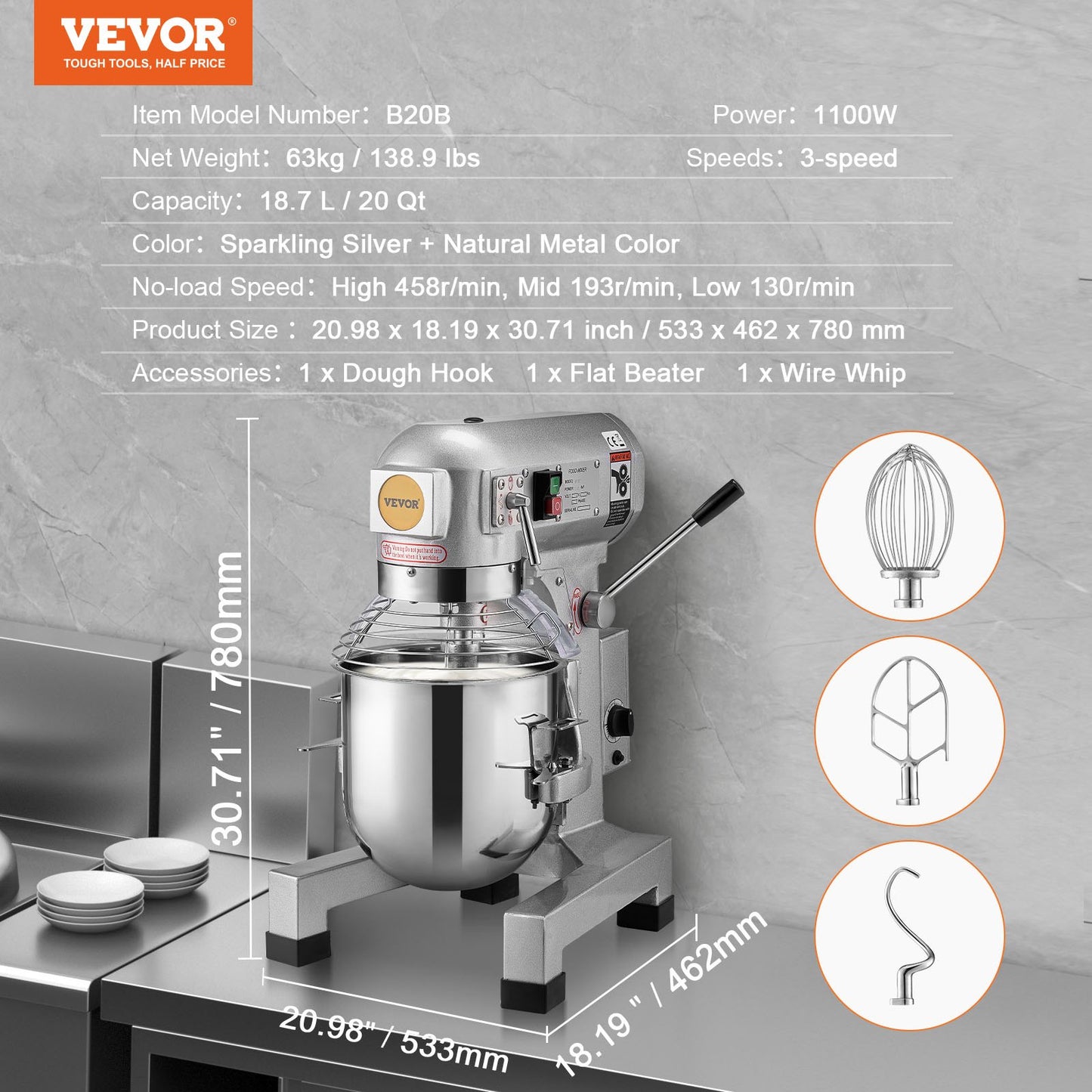 Commercial Food Mixer, 18.7L Commercial Stand Mixer with 3 Adjustable Speeds, 1100W Dough Mixer with Stainless Steel Bowl and 3 Mixing Attachments, Ideal for Restaurant, Bakery, Pastry shop, Caf