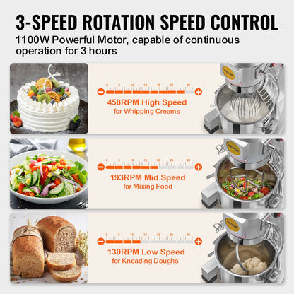 Commercial Food Mixer 18.7L 3-Speed Stand Dough Mixer 1100W for Restaurant