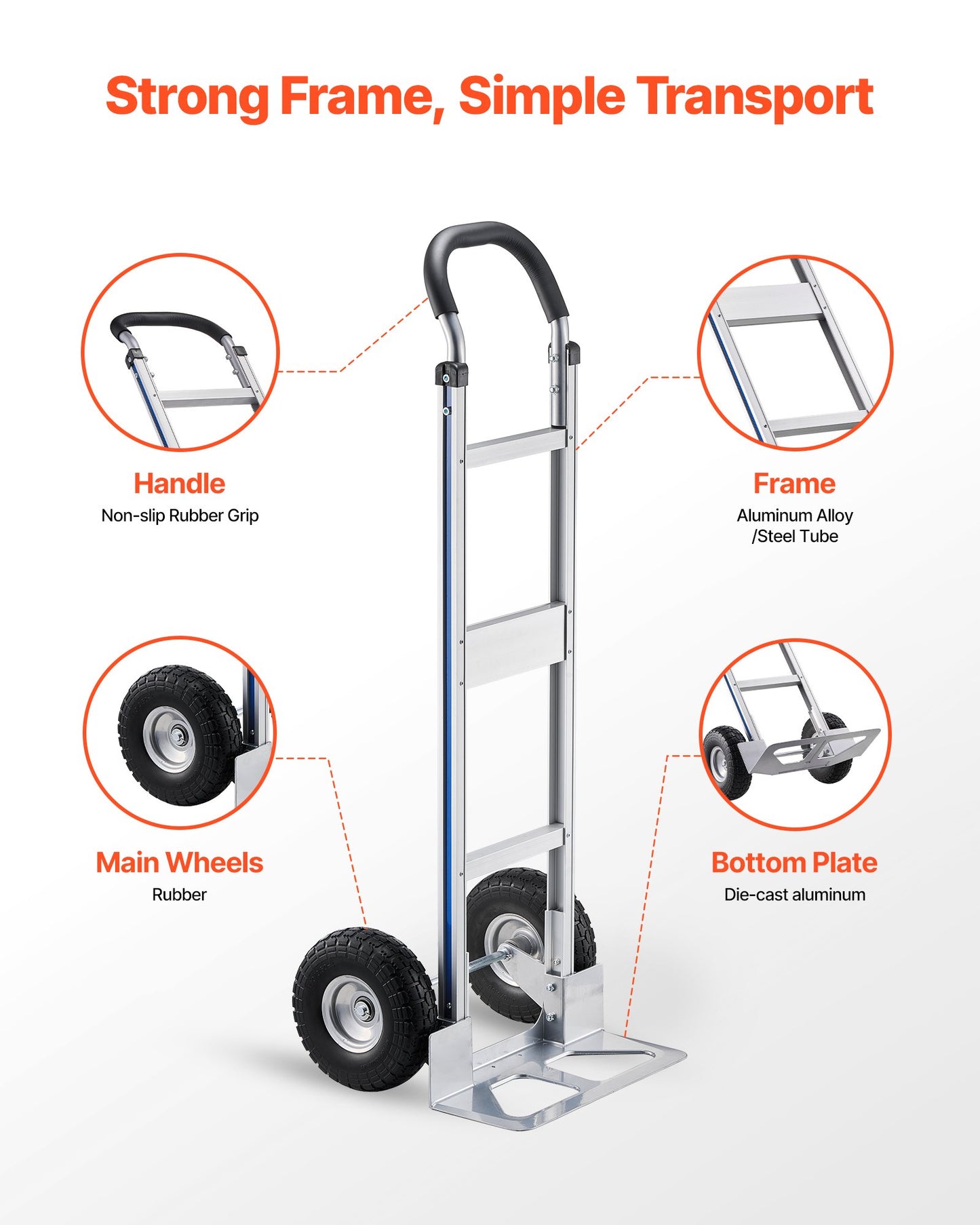 Hand Truck, 500 lbs Load Capacity, Heavy-Duty Hand Truck Dolly with Non-Slip Wheels & Handle, Aluminum Alloy Portable Trolley Dolly with Tie-down Strap for Moving Home, Office, Warehouse