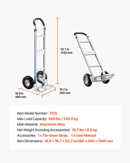 Hand Truck, 500 lbs Load Capacity, Heavy-Duty Hand Truck Dolly with Non-Slip Wheels & Handle, Aluminum Alloy Portable Trolley Dolly with Tie-down Strap for Moving Home, Office, Warehouse