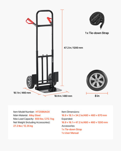 Hand Truck, 600 lbs Load Capacity, Heavy-Duty Hand Truck Dolly with Wheels & Telescoping Handle, Portable Trolley Dolly with Tie-down Strap for Moving Home, Office, Warehouse, Supermarket