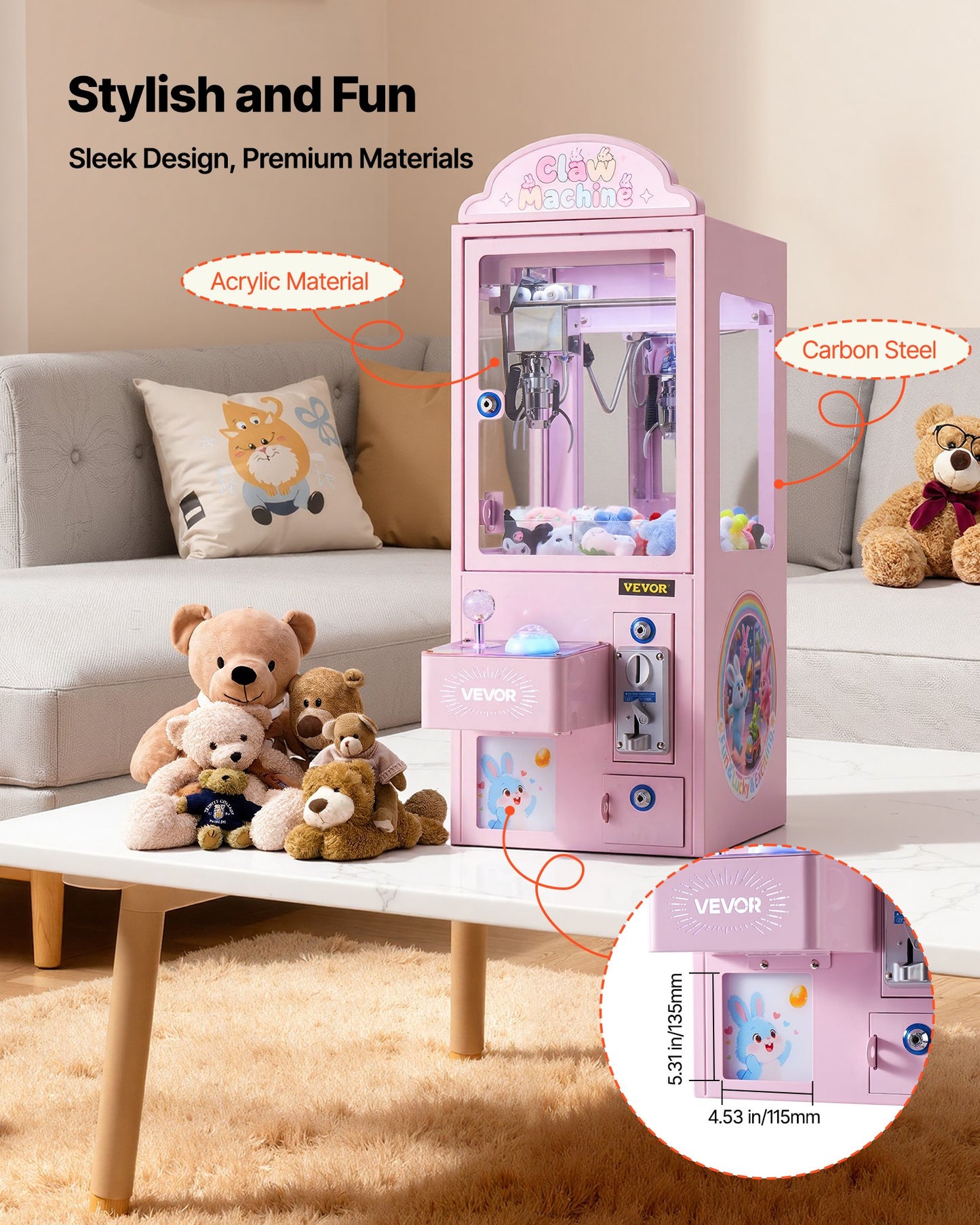 Claw Crane Machine, Medium-Sized Arcade Game Machine with Light & Sound, Adjustable Steel Claws, Precise Toy Candy Grabber Prize Dispenser Vending Toy, for Commercial Home Parties Cinema, Pink