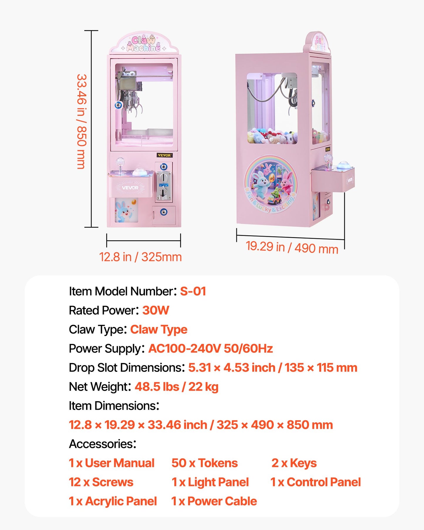 Claw Crane Machine, Medium-Sized Arcade Game Machine with Light & Sound, Adjustable Steel Claws, Precise Toy Candy Grabber Prize Dispenser Vending Toy, for Commercial Home Parties Cinema, Pink