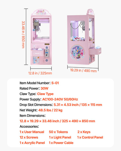 Claw Crane Machine, Medium-Sized Arcade Game Machine with Light & Sound, Adjustable Steel Claws, Precise Toy Candy Grabber Prize Dispenser Vending Toy, for Commercial Home Parties Cinema, Pink