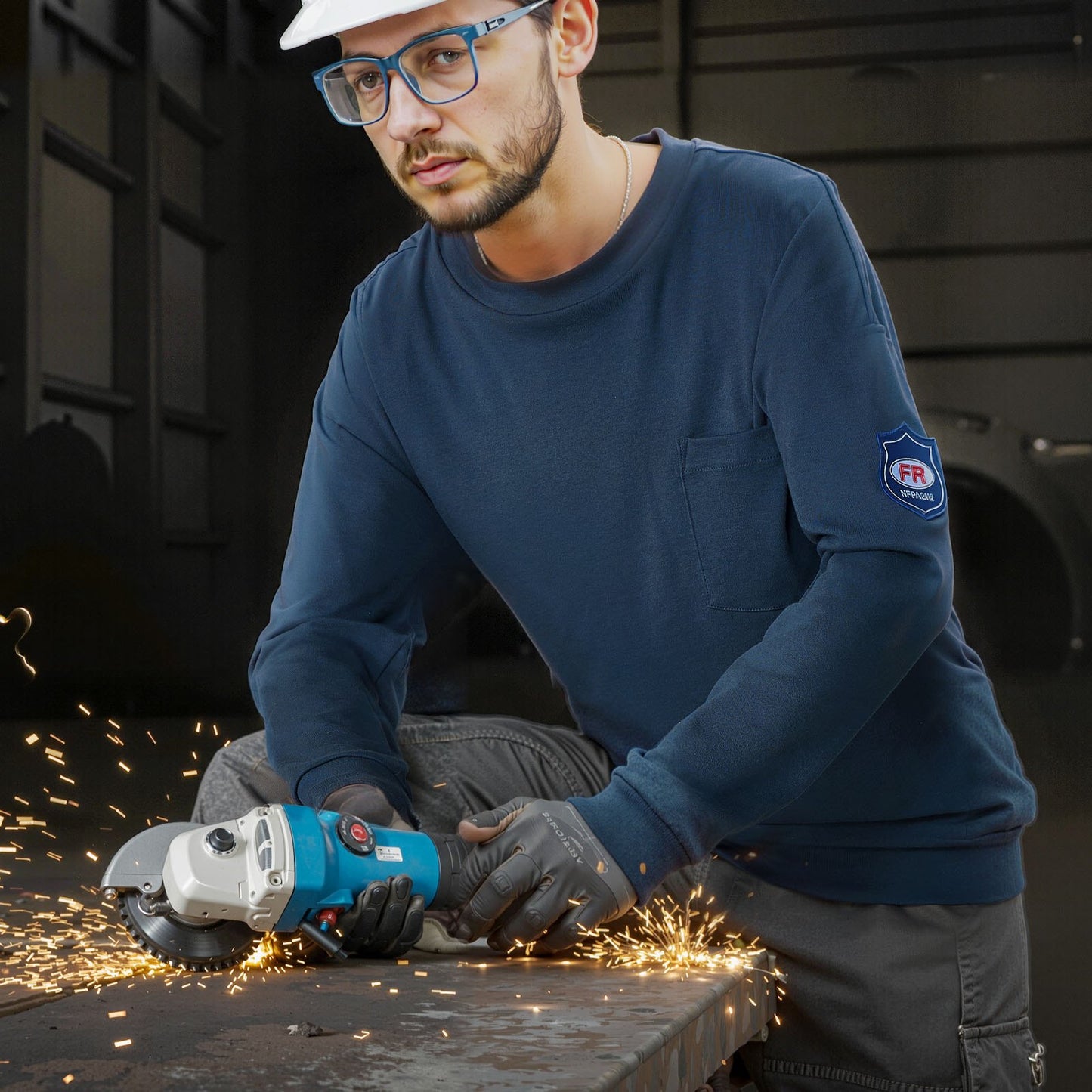 FR Shirts, Flame Resistant Long Sleeve Clothing Lightweight 7 oz Breathable Cotton, Men's Fire Retardant Work Shirt with Pre-shrink Treatment & Pocket, for Welders,Electricians,Navy Blue XL