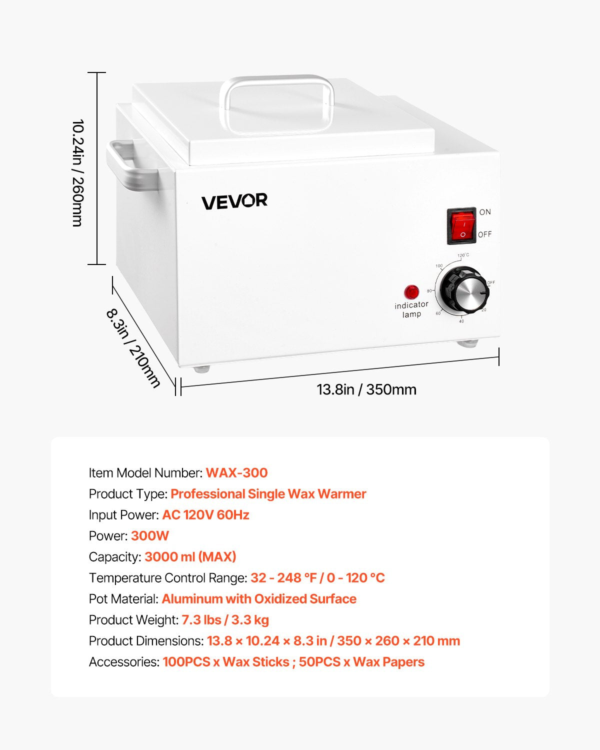 Single Wax Warmer, 3000ML 300W Professional Wax Warmer for Hair Removal, 32 ℉ to 248 ℉ Adjustable Electric Waxing Heater Pot with 100PCS Sticks & 50PCS Papers for Home Use, Beauty Salon, Spa