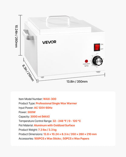 Single Wax Warmer, 3000ML 300W Professional Wax Warmer for Hair Removal, 32 ℉ to 248 ℉ Adjustable Electric Waxing Heater Pot with 100PCS Sticks & 50PCS Papers for Home Use, Beauty Salon, Spa