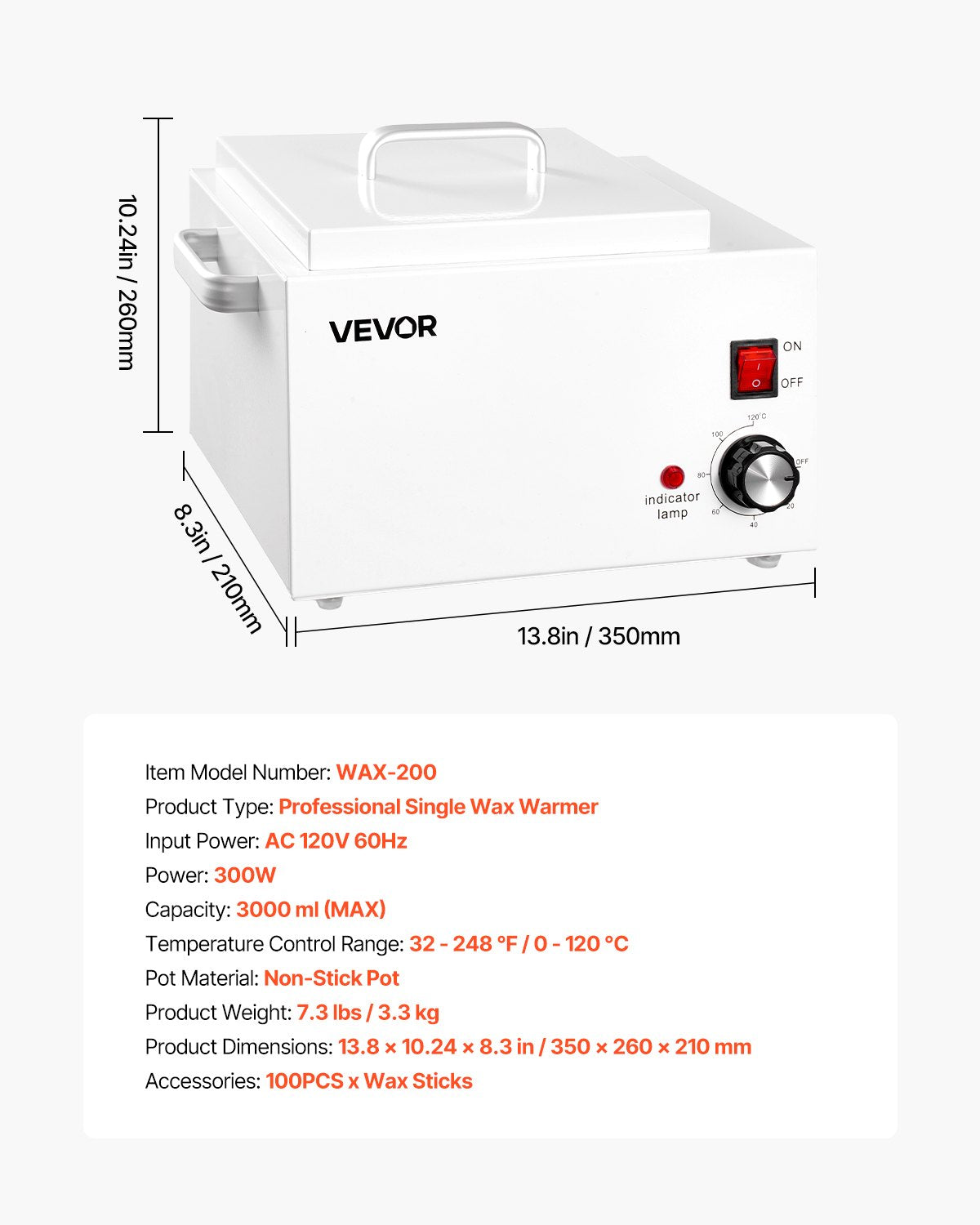 Single Wax Warmer, 3000ML 300W Professional Wax Warmer for Hair Removal, 32 ℉- 248 ℉ Adjustable & Non-Stick Waxing Heater Pot with 100PCS Waxing Sticks for Home Use, Beauty Salon, Spa
