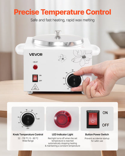 Single Wax Warmer, 600ML Professional Wax Warmer for Hair Removal, 32 ℉ to 176℉ Adjustable Electric Waxing Heater Pot with 100PCS Waxing Sticks for Home Use, Beauty Salon, Spa