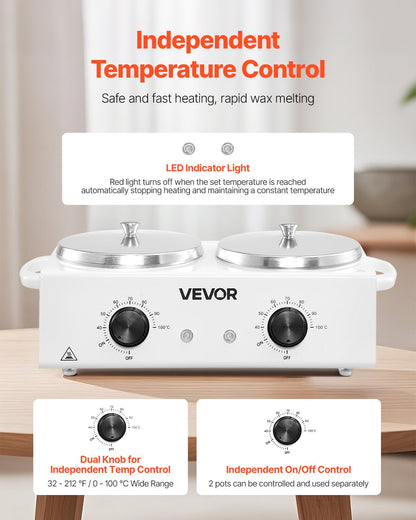 Double Wax Warmer, 1200ML Professional Dual Wax Warmer for Hair Removal, 32 ℉ - 212℉ Adjustable Electric Waxing Heater Pot with 50PCS Waxing Sticks for Home Use, Beauty Salon, Spa