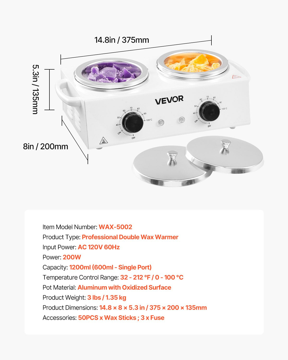 Double Wax Warmer, 1200ML Professional Dual Wax Warmer for Hair Removal, 32 ℉ - 212℉ Adjustable Electric Waxing Heater Pot with 50PCS Waxing Sticks for Home Use, Beauty Salon, Spa
