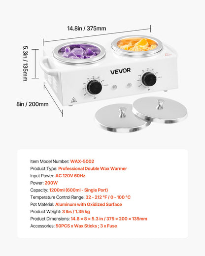 Double Wax Warmer, 1200ML Professional Dual Wax Warmer for Hair Removal, 32 ℉ - 212℉ Adjustable Electric Waxing Heater Pot with 50PCS Waxing Sticks for Home Use, Beauty Salon, Spa