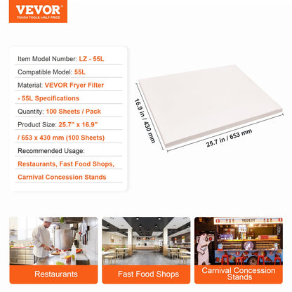 Fryer Filter Paper 100 Sheets 25.7" x 16.9", Replacement Deep Fryer Filter Sheets for 55L-58L Commercial Mobile Fryer Filter Machine, for Restaurant, Fast Food Shop, Carnival Concession Stand