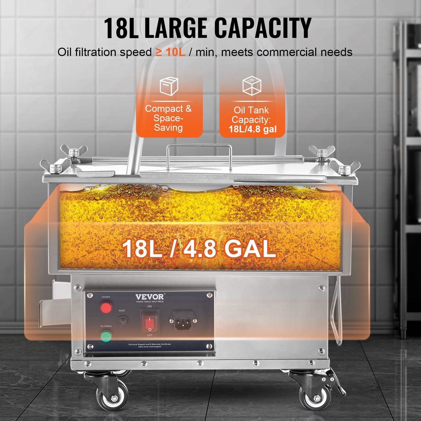 Mobilt fritösfilter, 18 L oljetankkapacitet, oljefiltreringssystem med 10 l/min oljefiltreringshastighet, mobilt frityroljefiltreringssystem med svängbara hjul, oljeslang för hamburgare i restaurangen