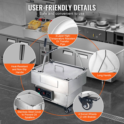 Mobilt fritösfilter, 18 L oljetankkapacitet, oljefiltreringssystem med 10 l/min oljefiltreringshastighet, mobilt frityroljefiltreringssystem med svängbara hjul, oljeslang för hamburgare i restaurangen