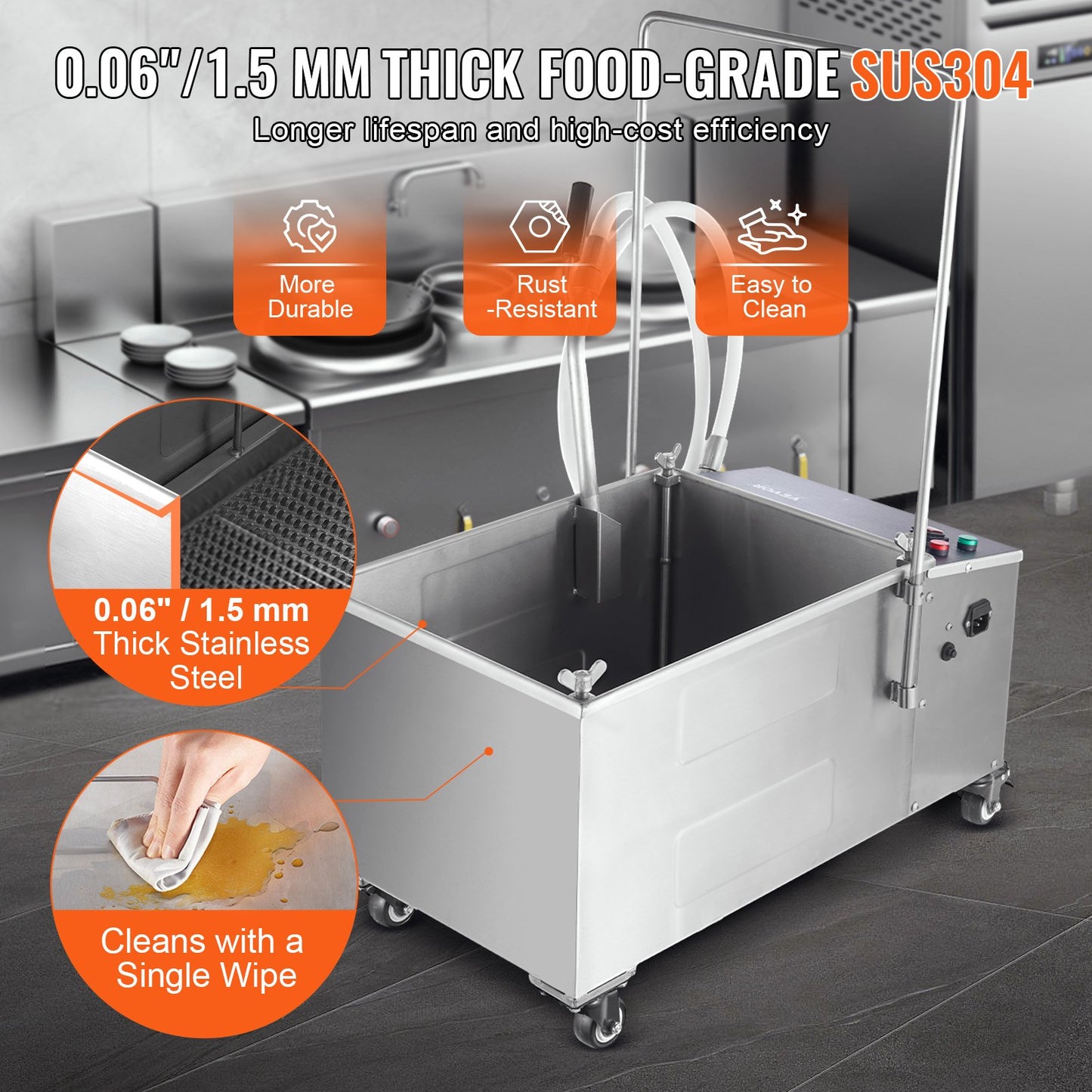 Mobiler Fritteusenfilter, 38 l Öltankkapazität, Ölfiltersystem mit 10 l/min Ölfilterrate, mobiles Fritteusenölfiltersystem mit Schwenkrädern, Ölschlauch für Restaurantburger