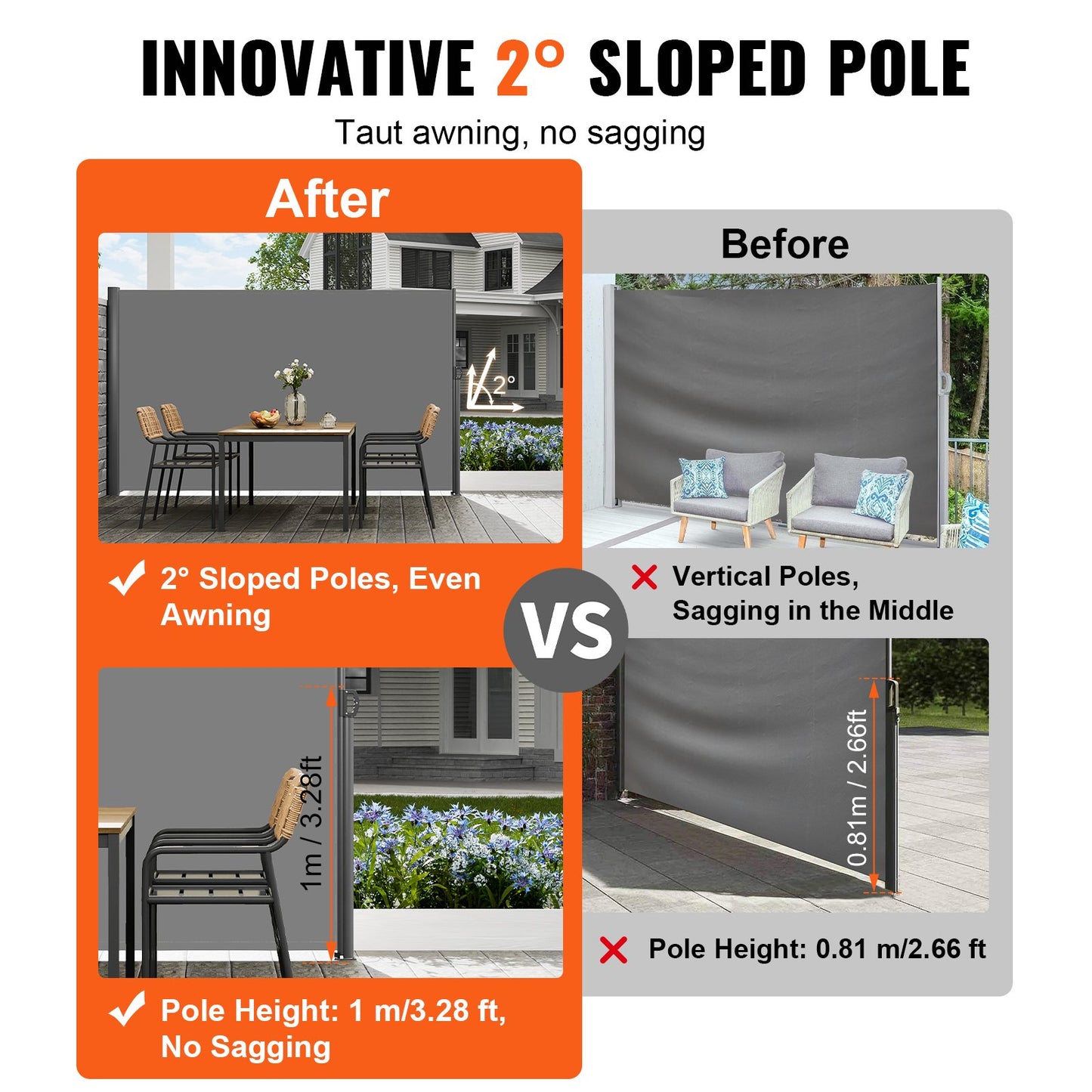 Retractable Side Awning, 63''x 118'' Full Aluminum Rust-Proof Outdoor Privacy Screen, Folding Room Divider Wind Screen for Patio Sun Shade, Backyard, Balcony, Roof Terraces and Pools, Gray