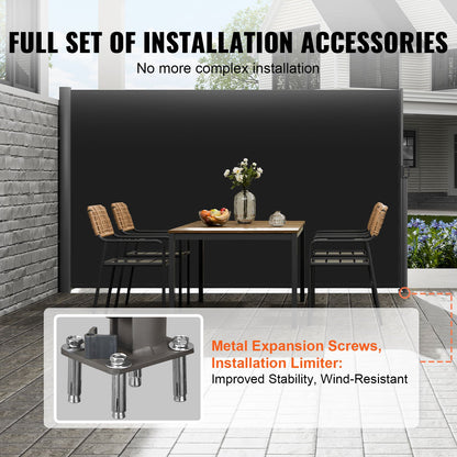 Retractable Side Awning, 71''x 118'' Aluminum Outdoor Privacy Screen, 280g Polyester Water-proof Retractable Patio Screen, UV 30+ Room Divider Wind Screen for Patio, Backyard, Balcony, Black