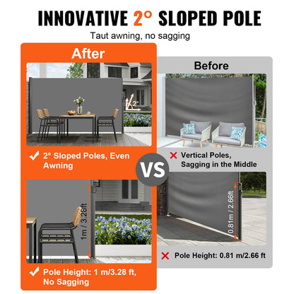 Retractable Side Awning, 71''x 118'' Aluminum Outdoor Privacy Screen, 280g Polyester Water-proof Retractable Patio Screen, UV 30+ Room Divider Wind Screen for Patio, Backyard, Balcony, Gray