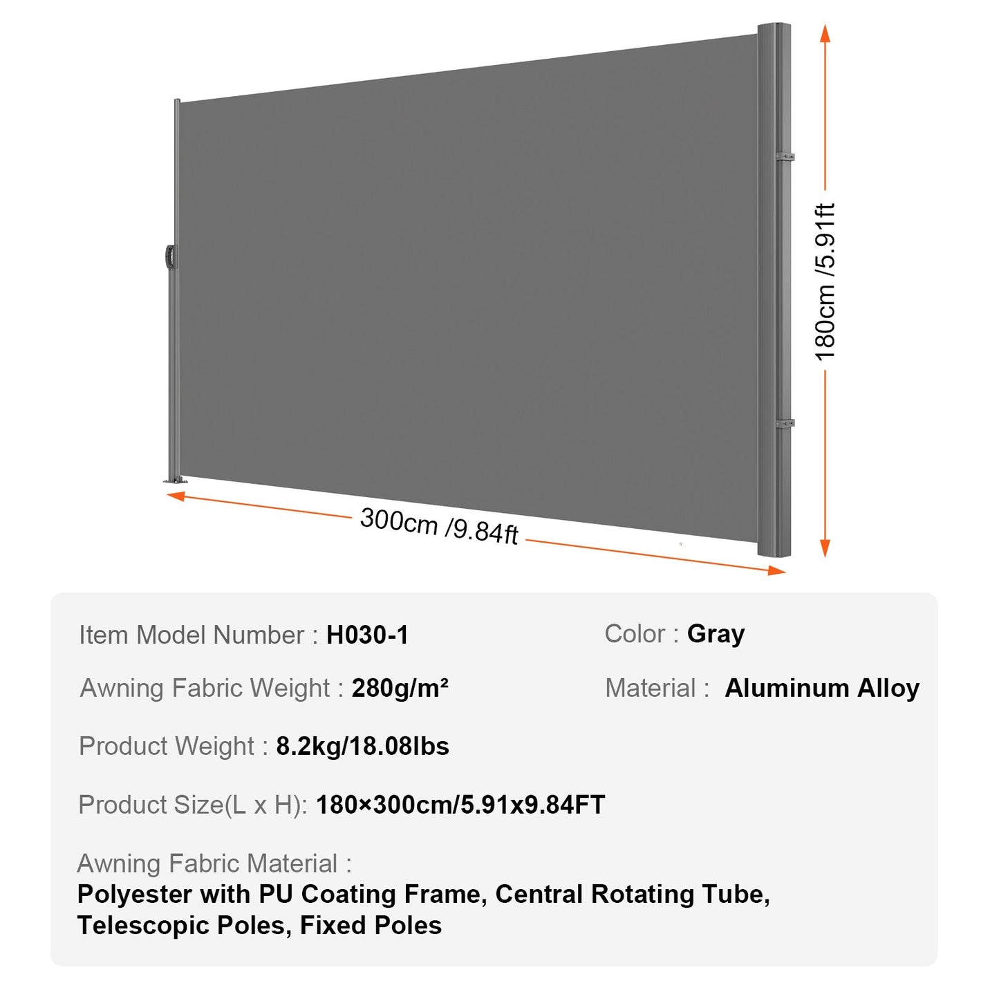 Retractable Side Awning, 71''x 118'' Aluminum Outdoor Privacy Screen, 280g Polyester Water-proof Retractable Patio Screen, UV 30+ Room Divider Wind Screen for Patio, Backyard, Balcony, Gray