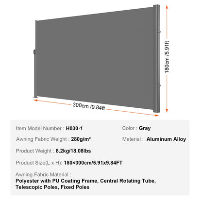 Retractable Side Awning, 71''x 118'' Aluminum Outdoor Privacy Screen, 280g Polyester Water-proof Retractable Patio Screen, UV 30+ Room Divider Wind Screen for Patio, Backyard, Balcony, Gray