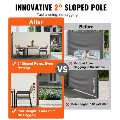 Retractable Side Awning, 71''x 118'' Aluminum Outdoor Privacy Screen, 280g Polyester Water-proof Retractable Patio Screen, UV 30+ Room Divider Wind Screen for Patio, Backyard, Balcony, Beige