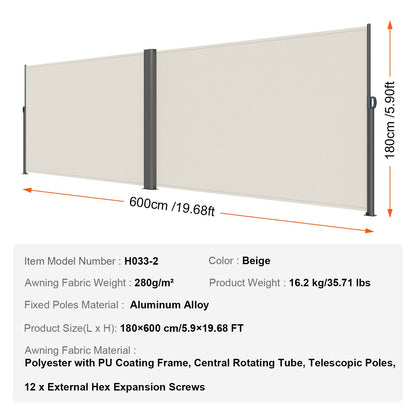 Retractable Side Awning, 71''x 236'' Aluminum Outdoor Privacy Screen, 280g Polyester Water-proof Retractable Patio Screen, UV 30+ Room Divider Wind Screen for Patio, Backyard, Balcony, Beige