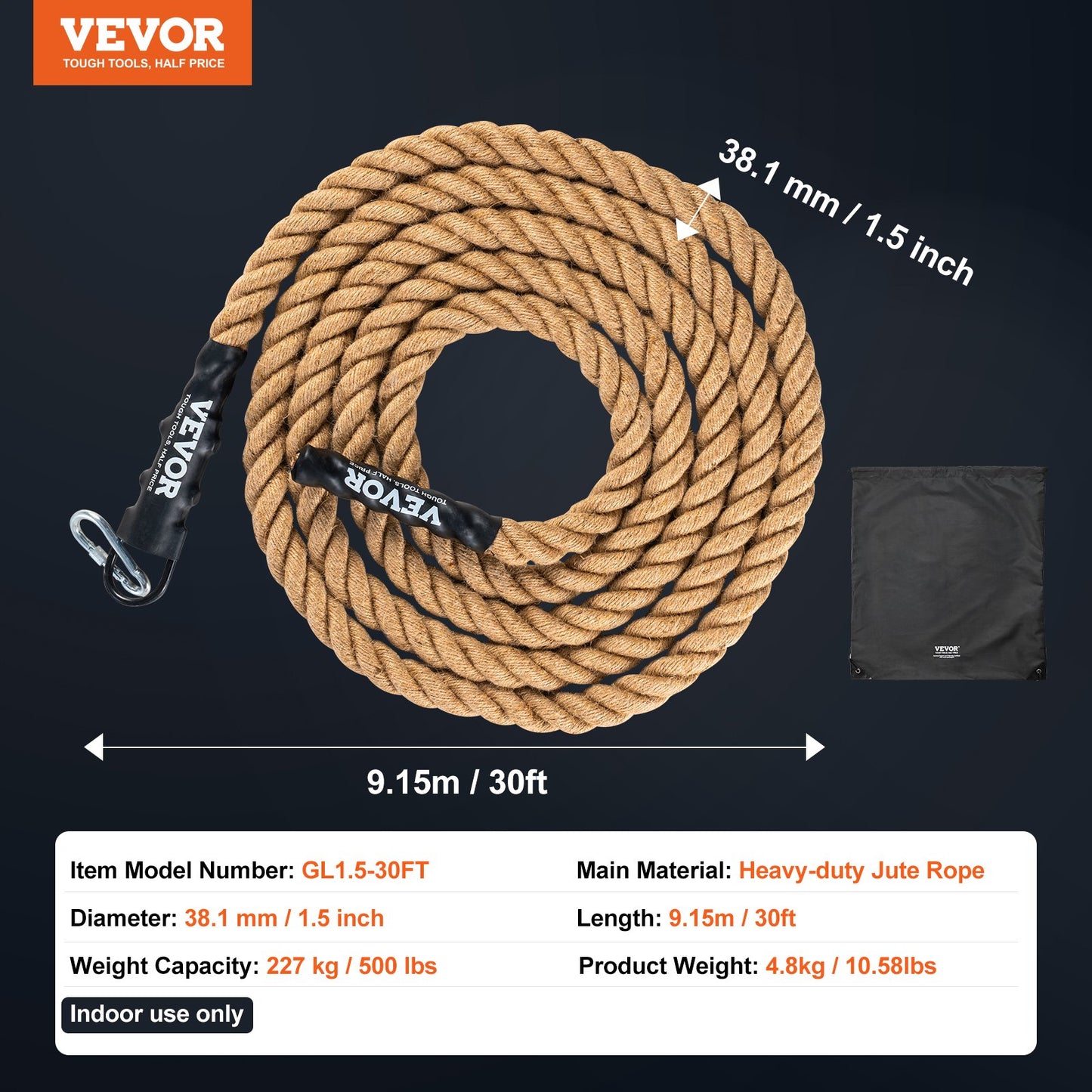 1.5"x30FT Gym Climbing Rope Fitness Strength Training Rope Home Workout