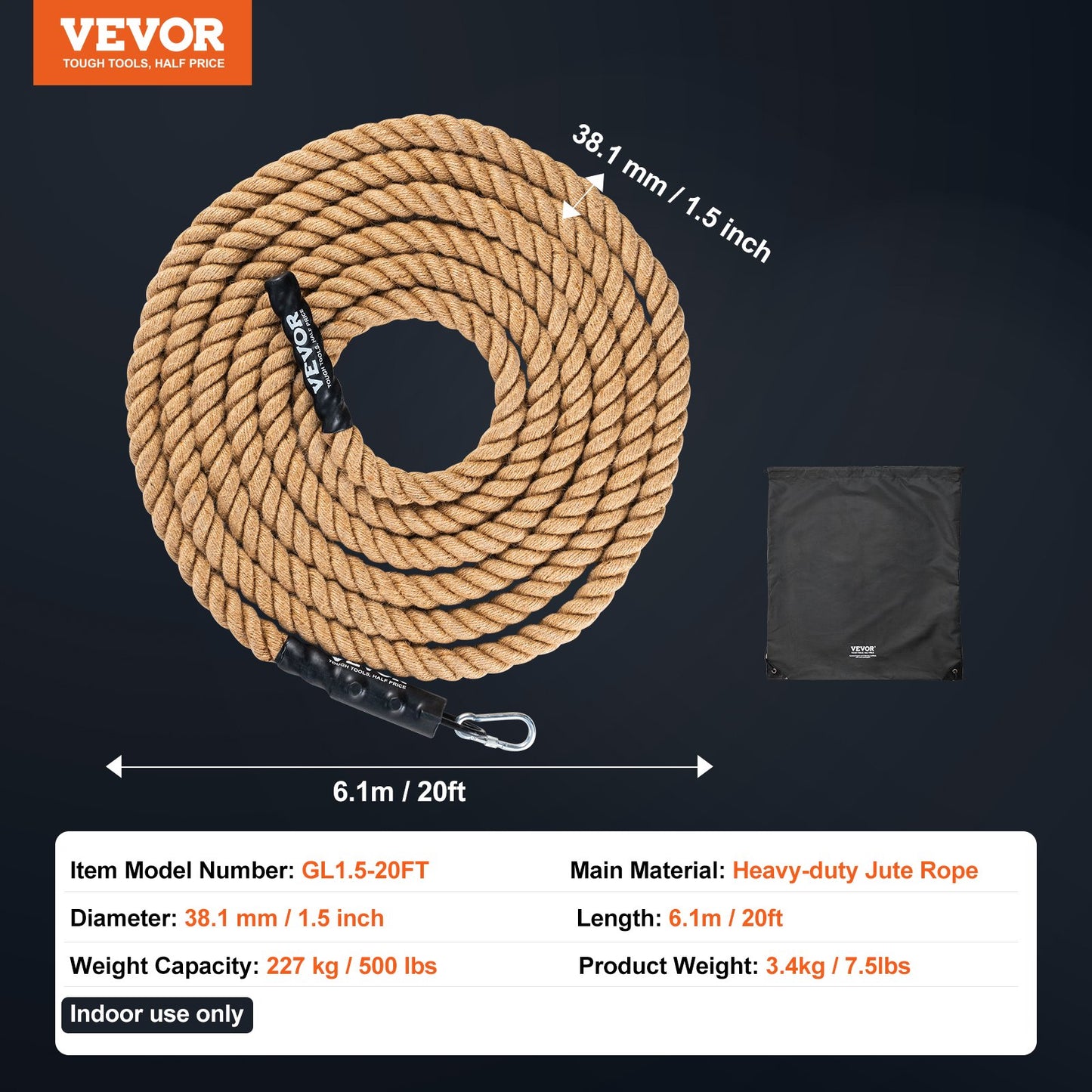 Gym Climbing Rope, 1.5" Diameter 20 ft Length Gym Fitness Training Rope, Gym Exercise Workout Rope for Adults, Climbing Rope for Fitness and Strength Training, Climbing Exercise, Home Workout
