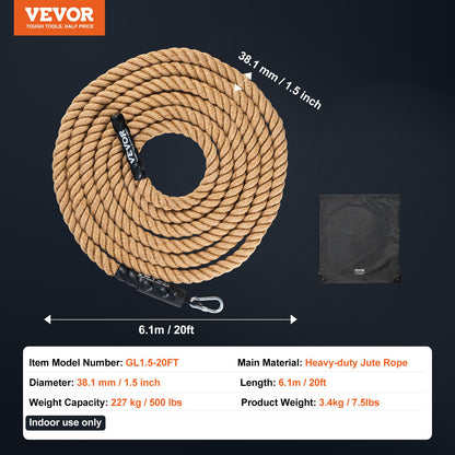 Gym Climbing Rope, 1.5" Diameter 20 ft Length Gym Fitness Training Rope, Gym Exercise Workout Rope for Adults, Climbing Rope for Fitness and Strength Training, Climbing Exercise, Home Workout