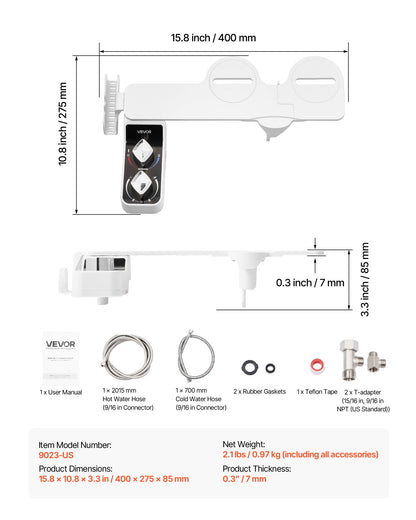 Bidet Attachment for Toilet, Hot & Cold Non-Electric Water Sprayer - Dual Retractable Nozzles, Adjustable Water Pressure, 0.3’’ Ultra Thin Bidet Toilet Seat Attachment for Rear and Feminine Wash
