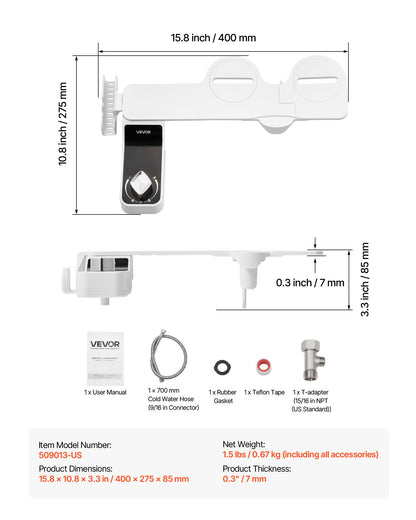 Bidet Attachment for Toilet, 0.3" Ultra Thin Bidet Toilet Seat Attachment - Dual Retractable Nozzles, Adjustable Water Pressure, Non-Electric Cold Water Sprayer for Front Rear Water Wash, White