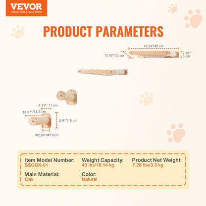 Wall Mounted Cat Shelves with 2 Jumping Posts & 2 Hammocks up to 40 lbs