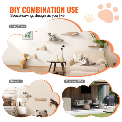 Wandmontiertes Katzenregal mit 2 Sprungpfosten und 2 Hängematten bis zu 18 kg