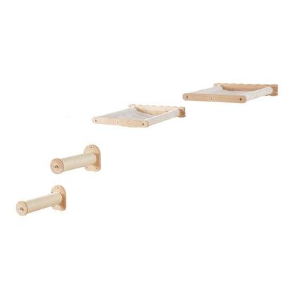 Wandmontiertes Katzenregal mit 2 Sprungpfosten und 2 Hängematten bis zu 18 kg