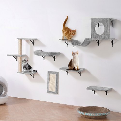Wall Mounted Cat Shelves, Cat Wall Shelves and Perches with Jumping Boards, Hammock, Sofa, Cat Tree & Cat Grip, Cat Furniture and Shelves up to 40 lbs for Sleeping, Playing, Climbing, Set of 6