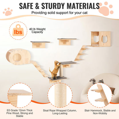 Wall Mounted Cat Shelves, Cat Wall Shelves and Perches with Jumping Boards, Cat Beds, Hammocks & Cat Tree, Cat Furniture and Shelves up to 40 lbs for Sleeping, Playing, Climbing, Set of 7