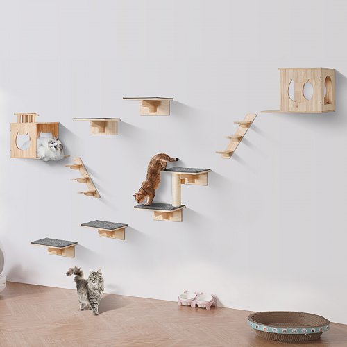 Wall Mounted Cat Shelves, Cat Wall Shelves and Perches with Jumping Boards, Cat Beds, Hammocks & Cat Tree, Cat Furniture and Shelves up to 40 lbs for Sleeping, Playing, Climbing, Set of 9