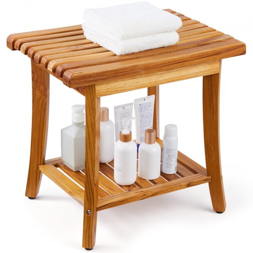 Teak Shower Bench, 20 x 14.3 x 17.9 in, Waterproof Wood Shower Stool with Storage Shelf Non-Slip Foot Pads, 400 lbs Maximum Load Capacity Shower Chair Seat, for Bathroom Indoor and Outdoor Use
