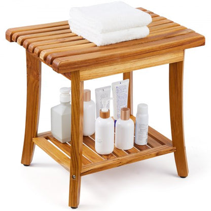 Teak Shower Bench, 20 x 14.3 x 17.9 in, Waterproof Wood Shower Stool with Storage Shelf Non-Slip Foot Pads, 400 lbs Maximum Load Capacity Shower Chair Seat, for Bathroom Indoor and Outdoor Use